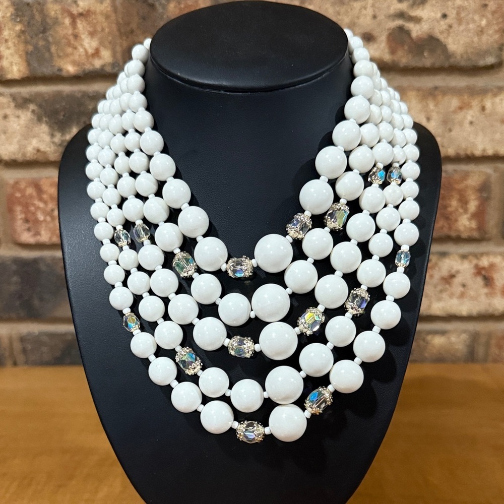 Japan 5 strand white graduated and Aurora Borealis Beaded necklace